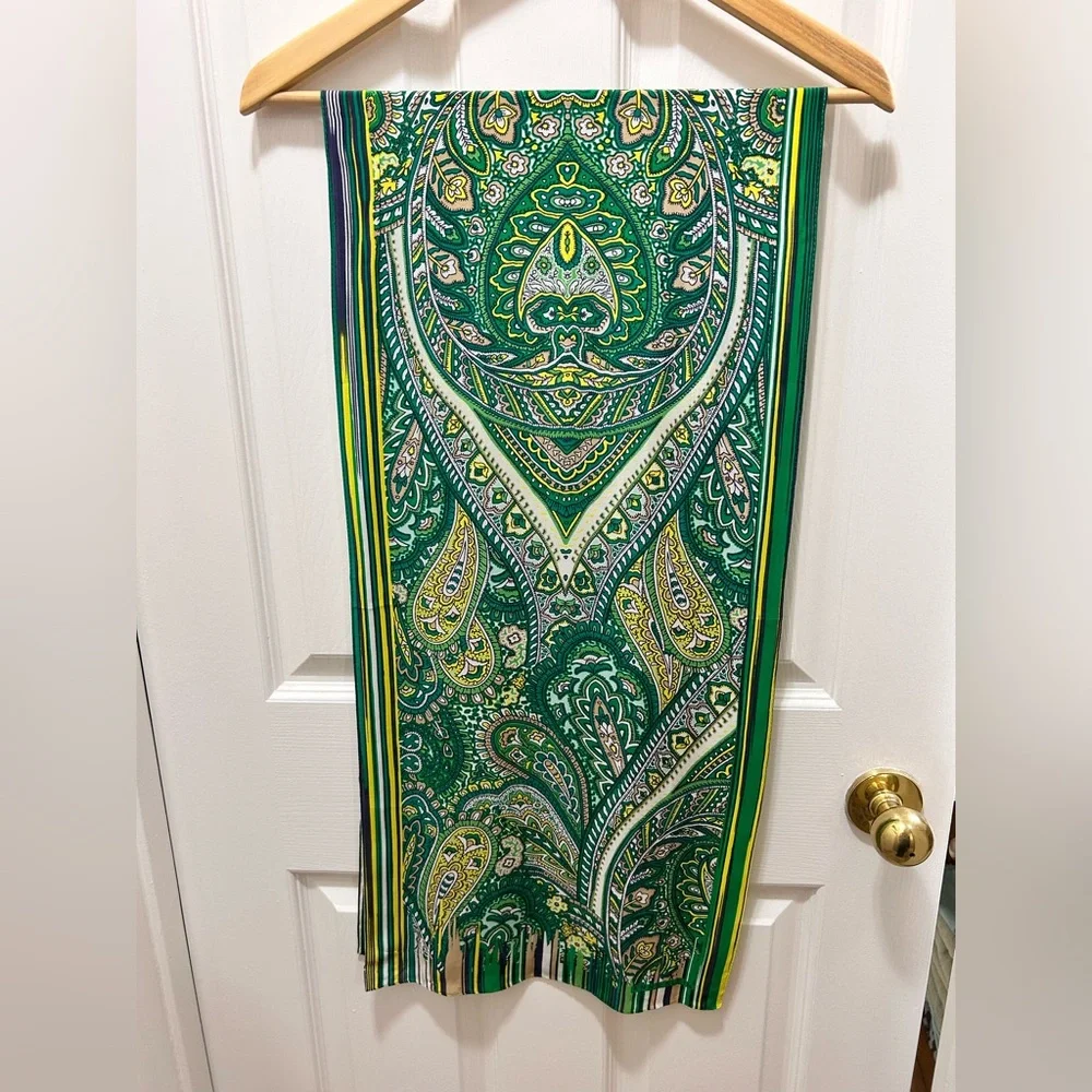 Anne Klein Green and Yellow Paisley Scarf 100% Silk - Picture 1 of 8